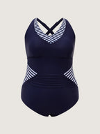 Striped Shrink Pleat Tummy-Control One-Piece Swimsuit