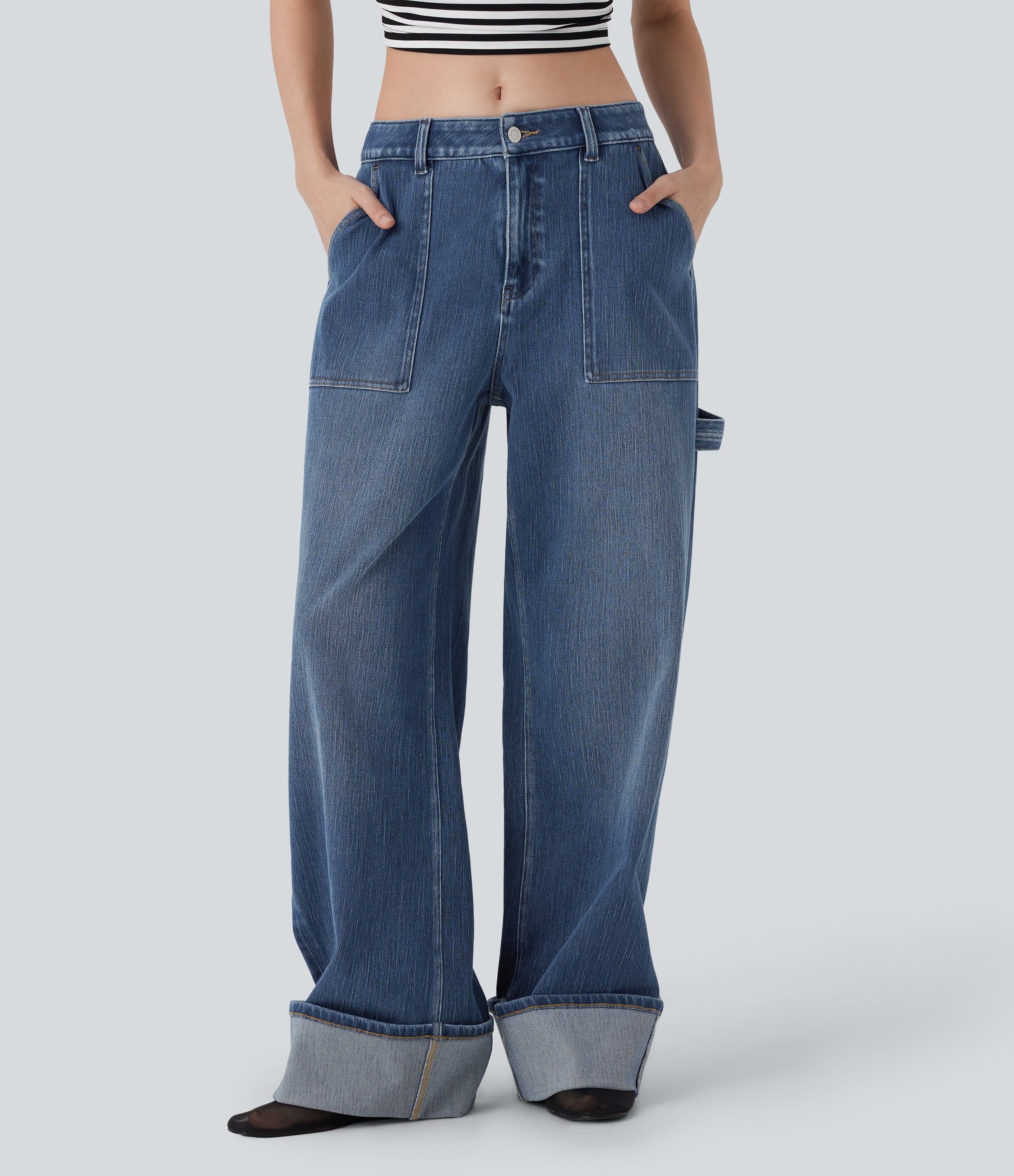 FlexTM Low Rise Rolled Hem Washed Casual Baggy Jeans with Pockets
