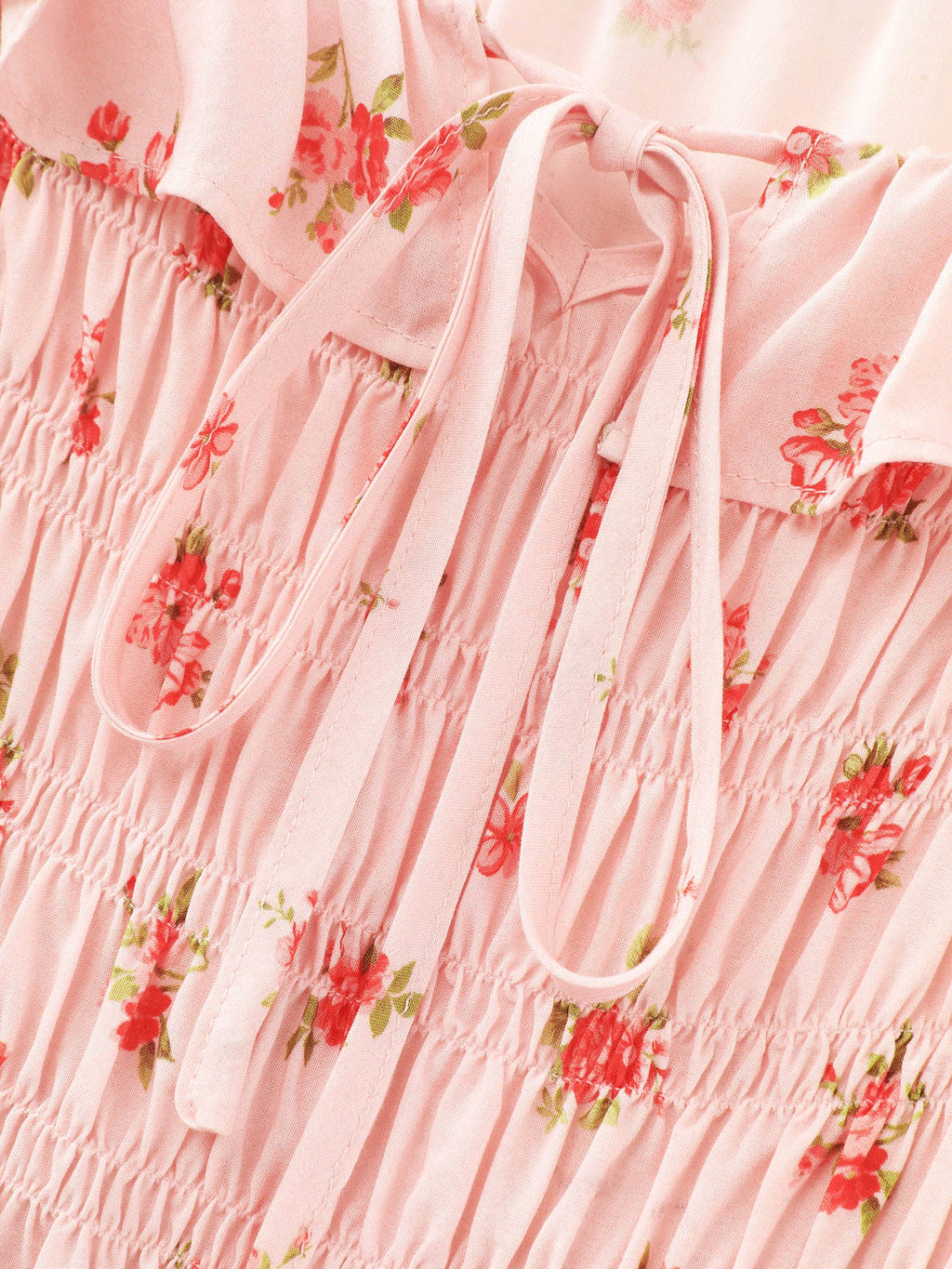 Floral Print Shirred Ruffled Neckline Midi Dress
