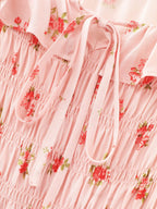 Floral Print Shirred Ruffled Neckline Midi Dress