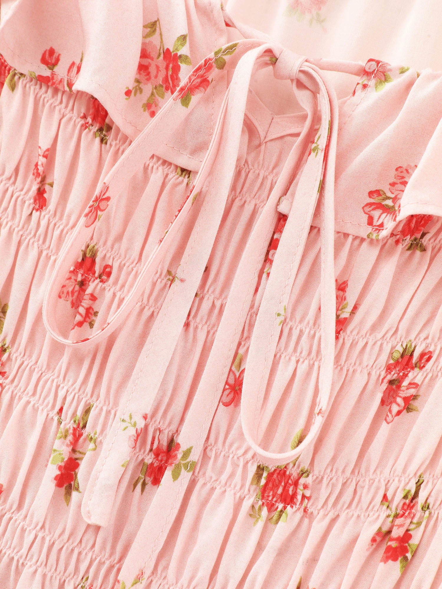 Floral Print Shirred Ruffled Neckline Midi Dress