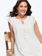 Cotton Eyelet Trim Neck-Tie Pleated Mini Dress