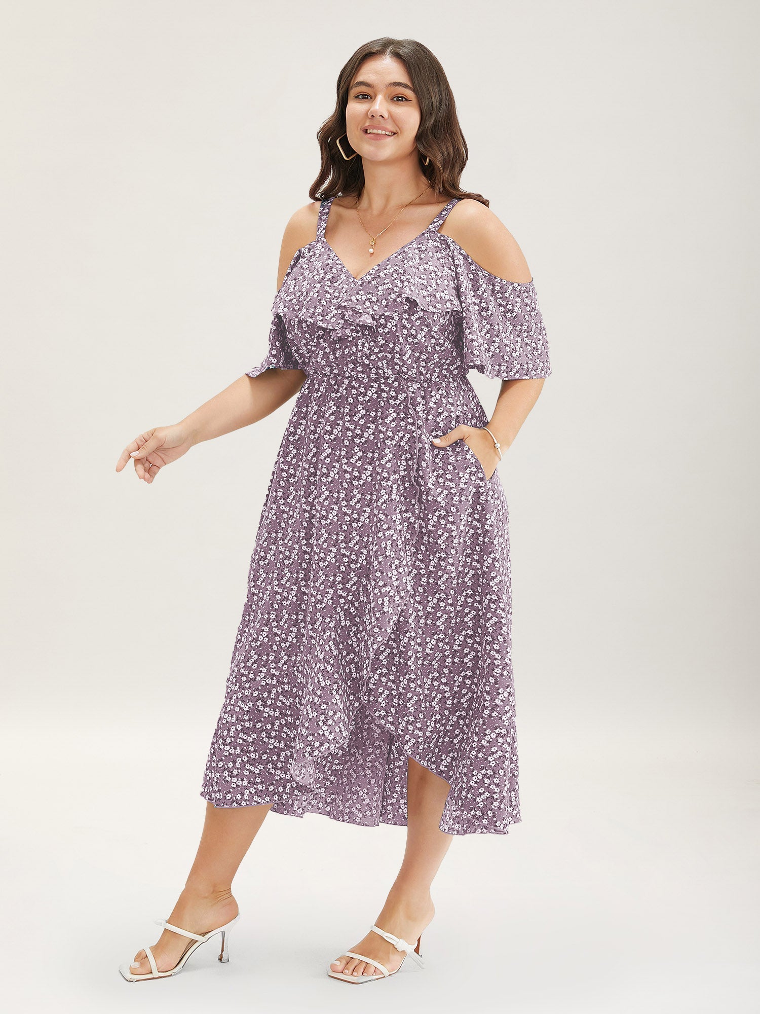 Ditsy Floral Pocket Wrap Cold Shoulder Ruffle Dress