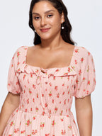 Floral Print Shirred Ruffled Neckline Midi Dress