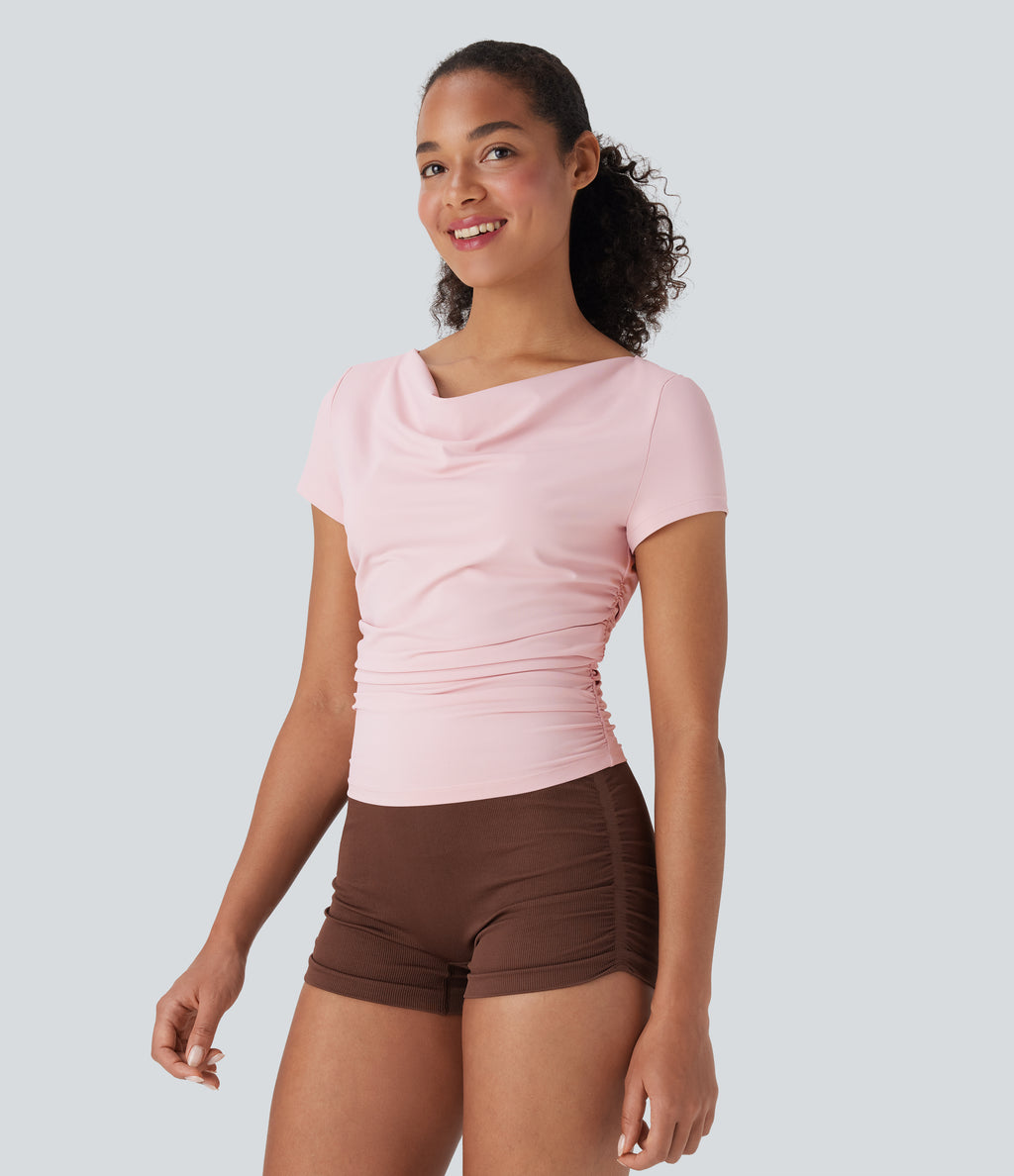 Cowl Neck Short Sleeve Ruched Yoga Top