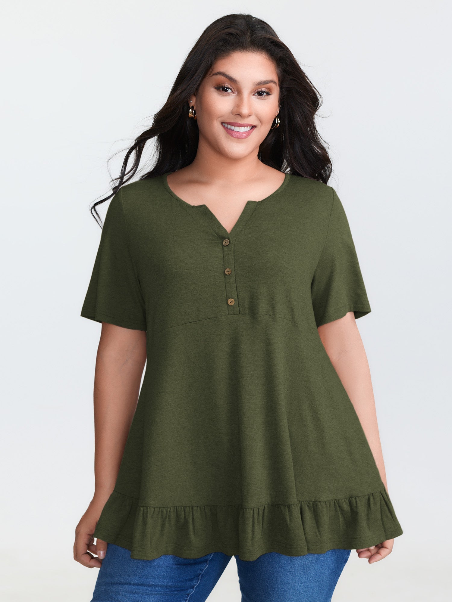 Supersoft Stretchy Ruffled Hemline Button T-Shirt