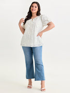 Cotton Floral Textured Puff Sleeve Lined Blouse