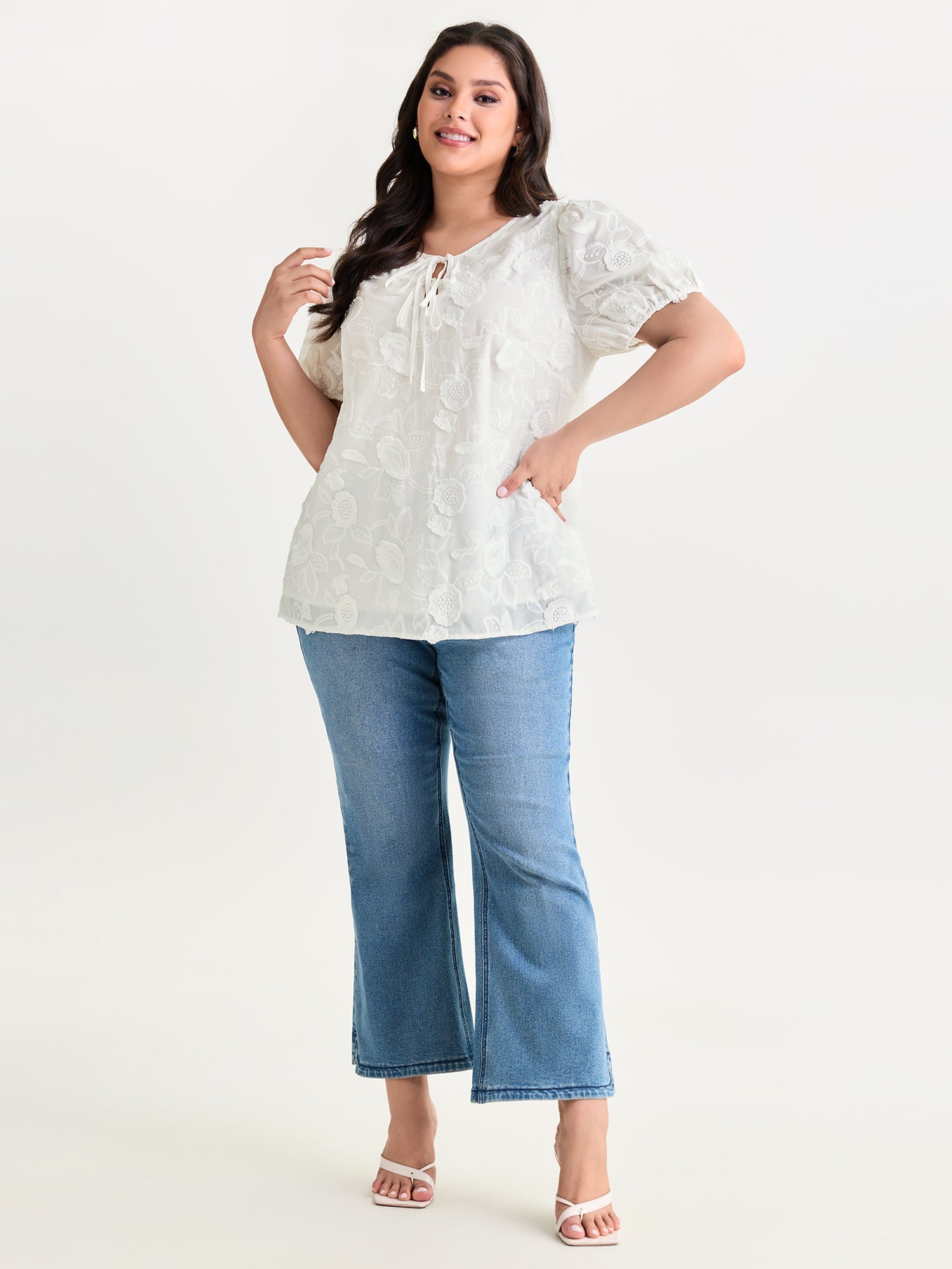 Cotton Floral Textured Puff Sleeve Lined Blouse
