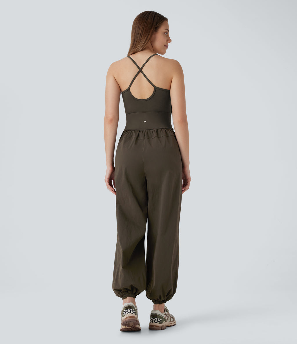 Water Repellent Crisscross Backless Side Pockets Ripstop Hiking Cargo Jumpsuit