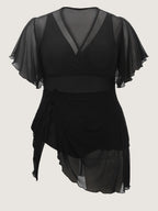 Sheer Ruffled Sleeve Layered Swim Dress