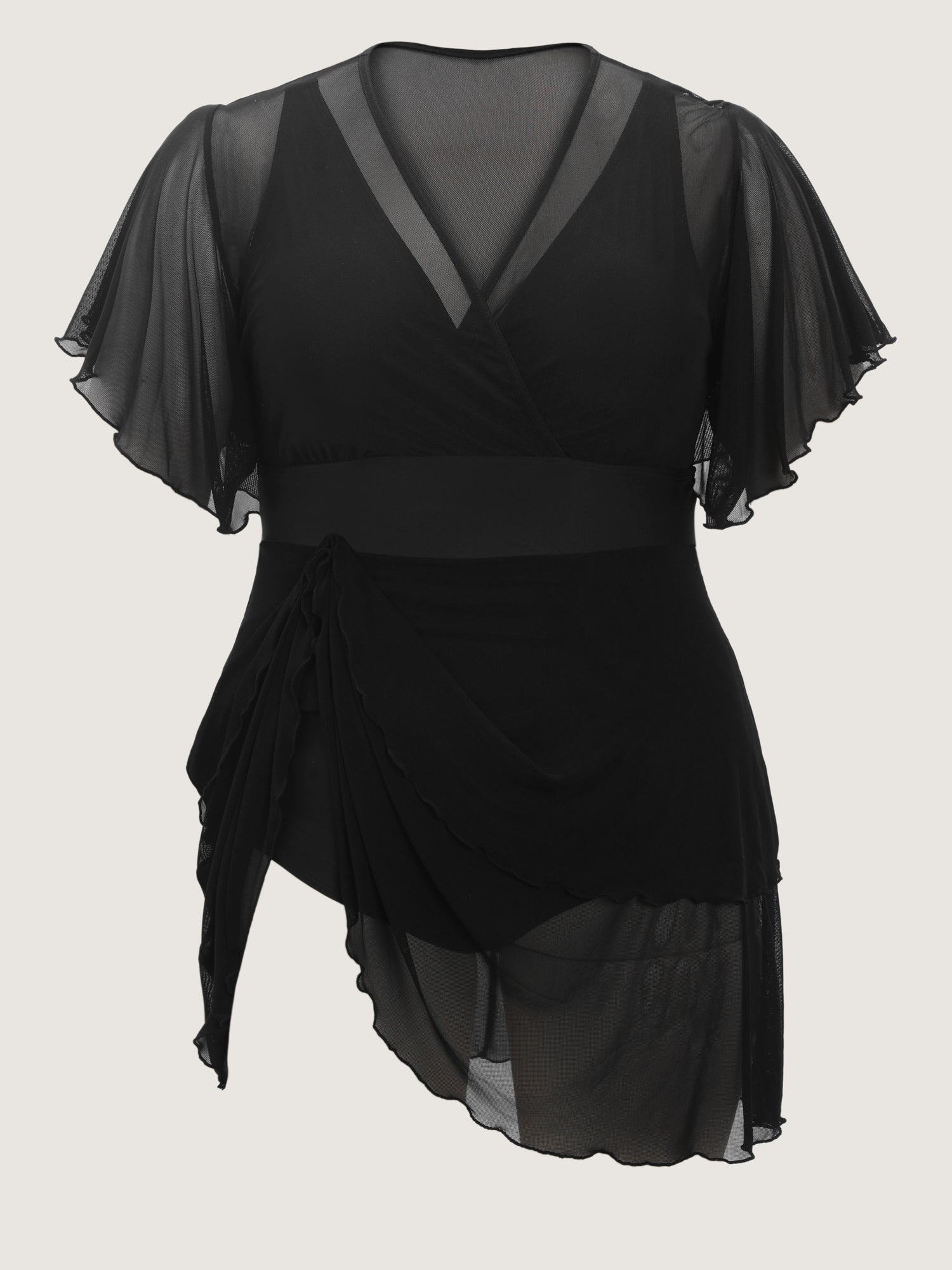 Sheer Ruffled Sleeve Layered Swim Dress