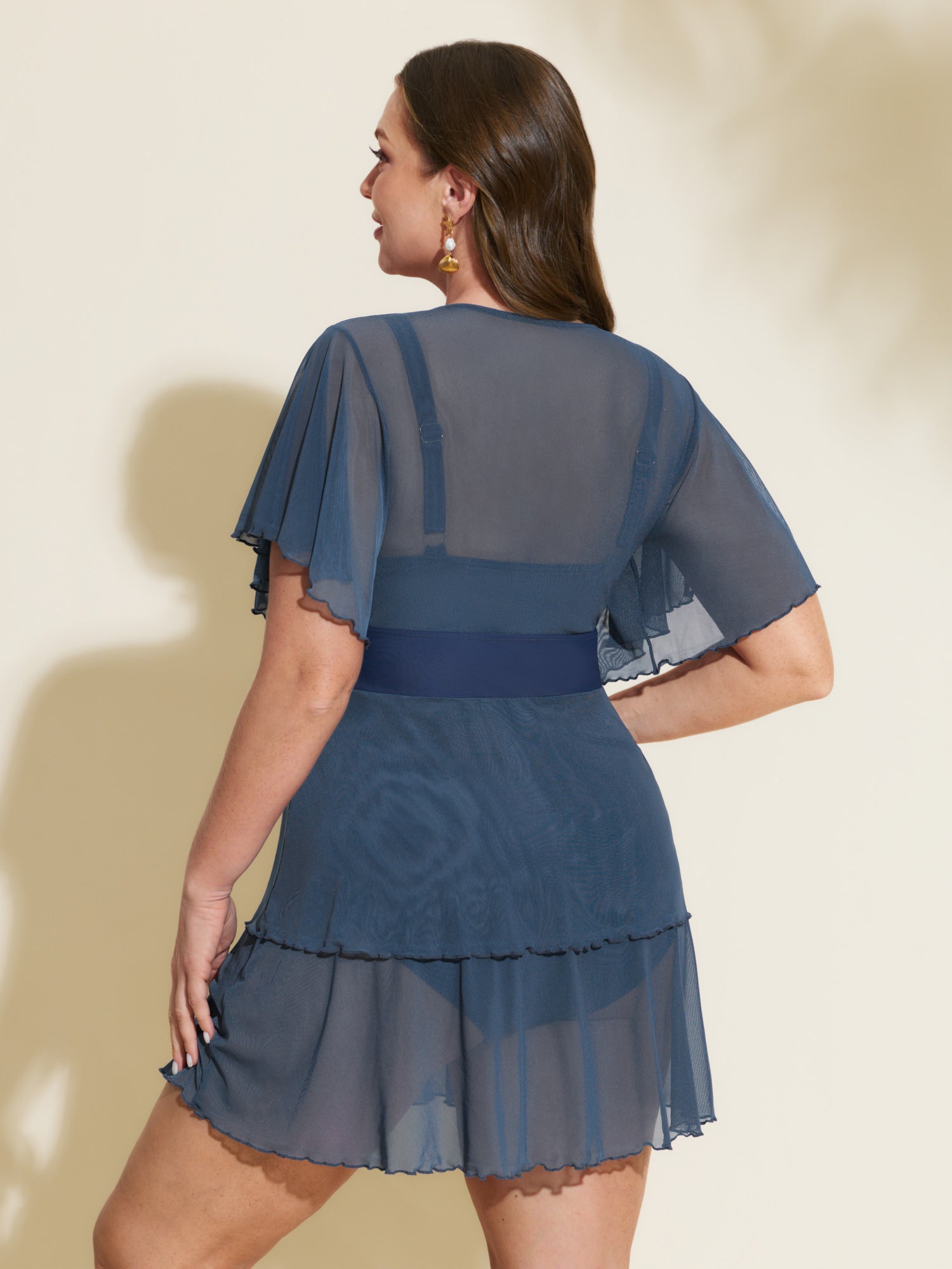Sheer Ruffled Sleeve Layered Swim Dress