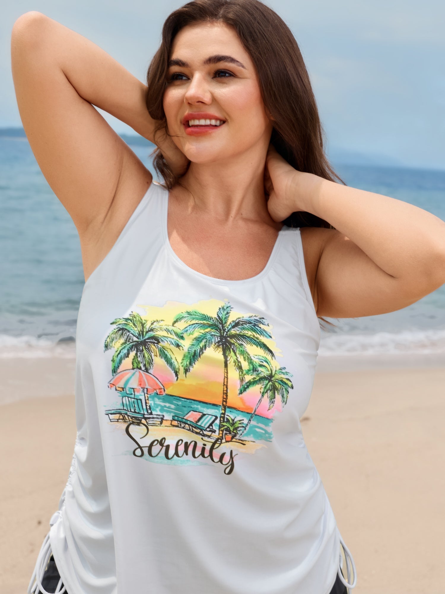 Island Print Drawstring Adjustable Swim Top