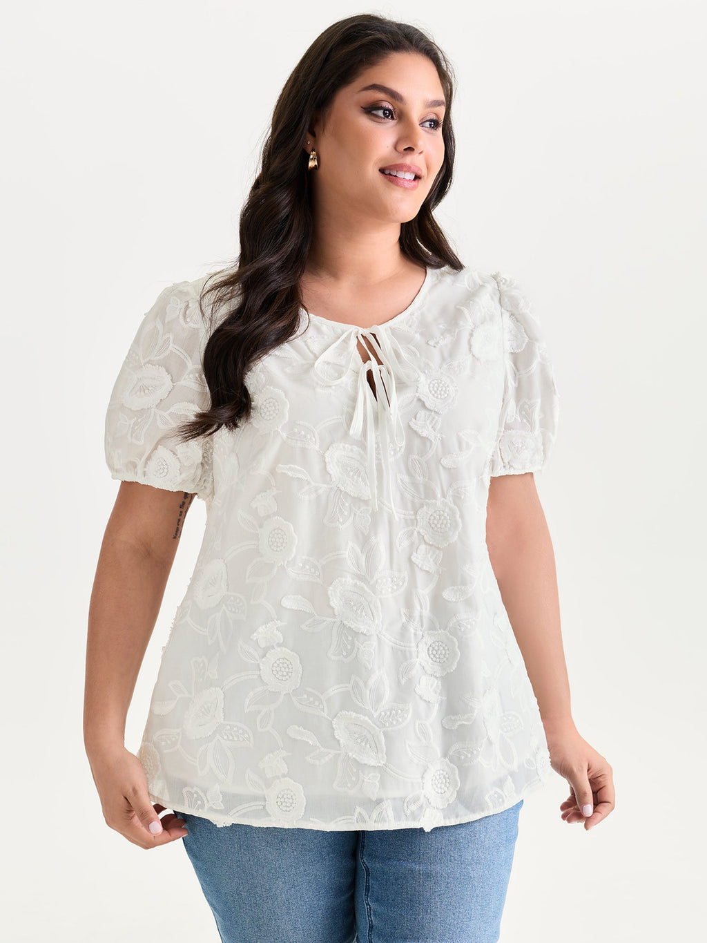 Cotton Floral Textured Puff Sleeve Lined Blouse