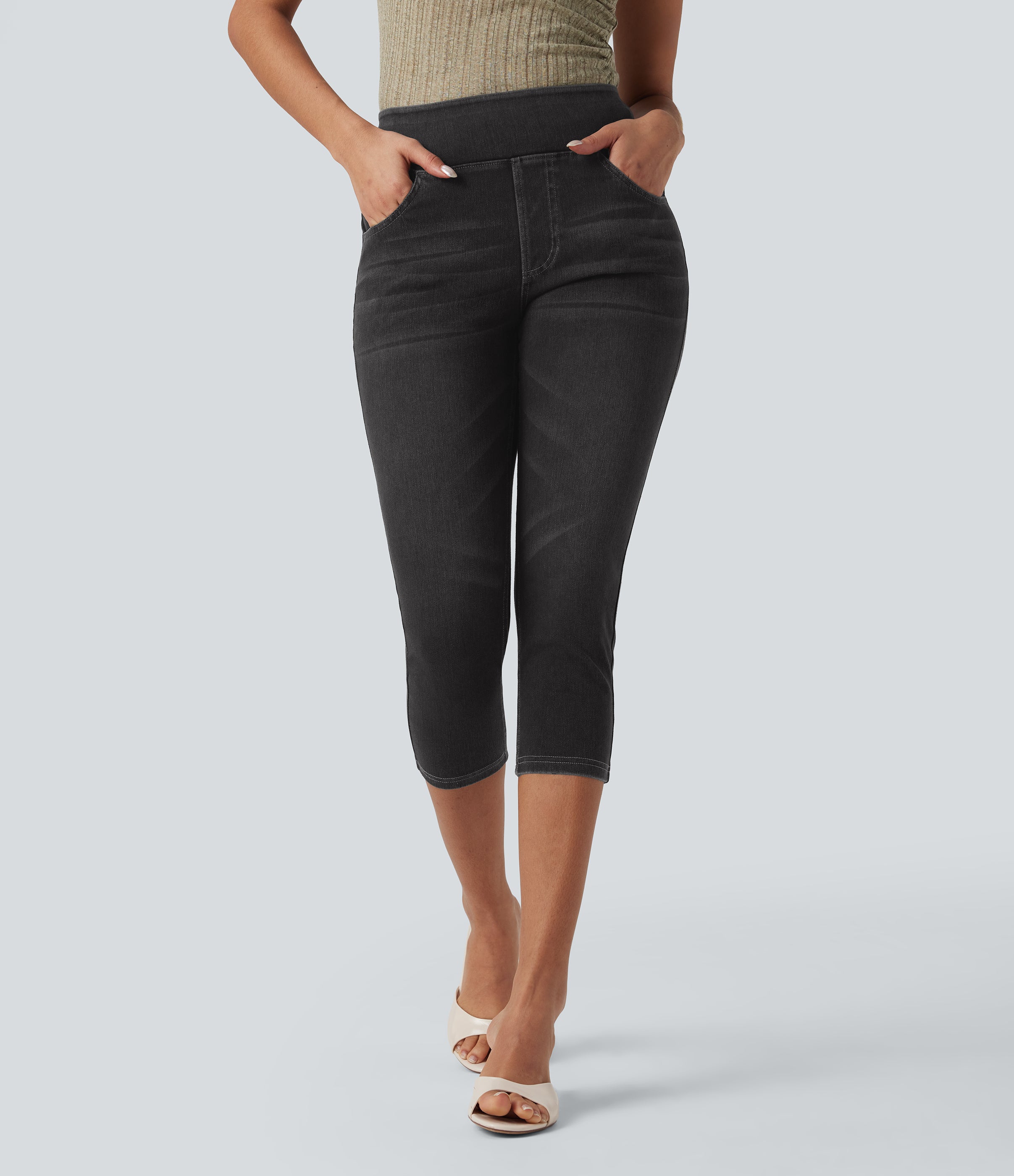 FlexTM High-Waisted Denim Casual Capri Leggings with Pockets