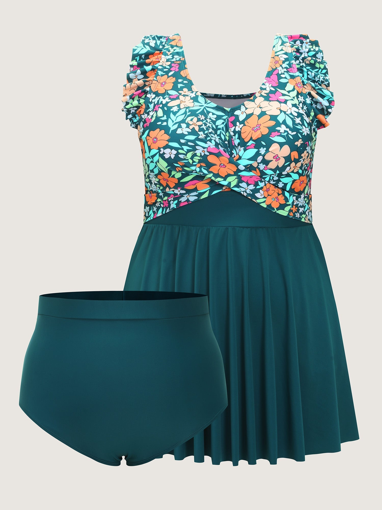 Floral Print Color Contrast Pockets Swim Dress