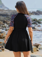 Floral Color Contrast Pockets Swim Dress