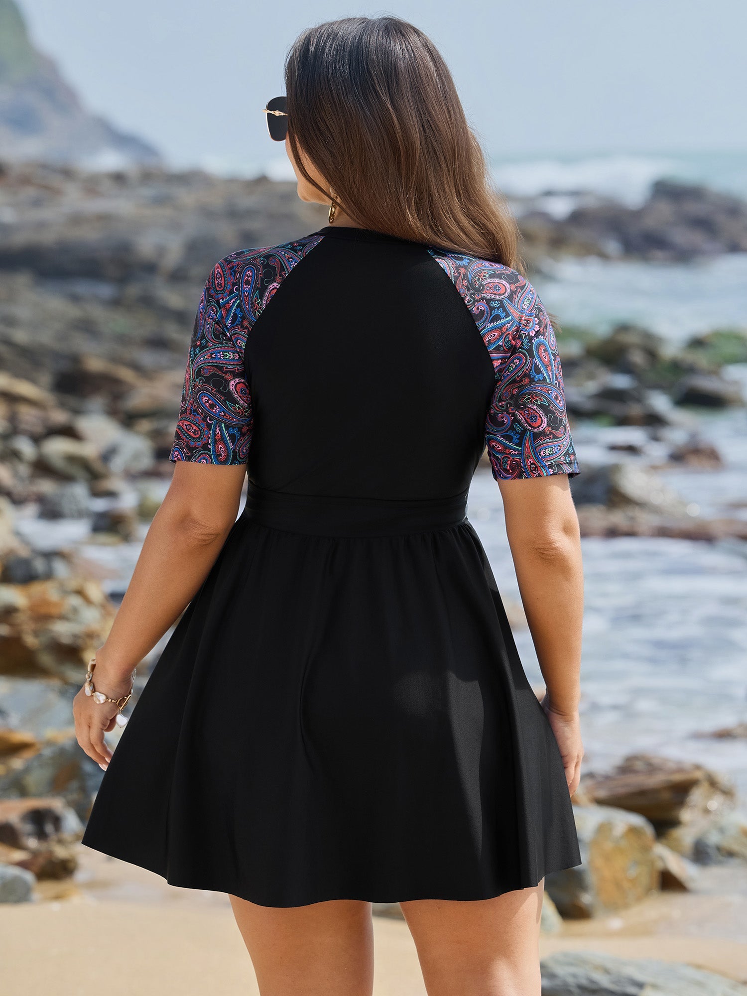 Floral Color Contrast Pockets Swim Dress
