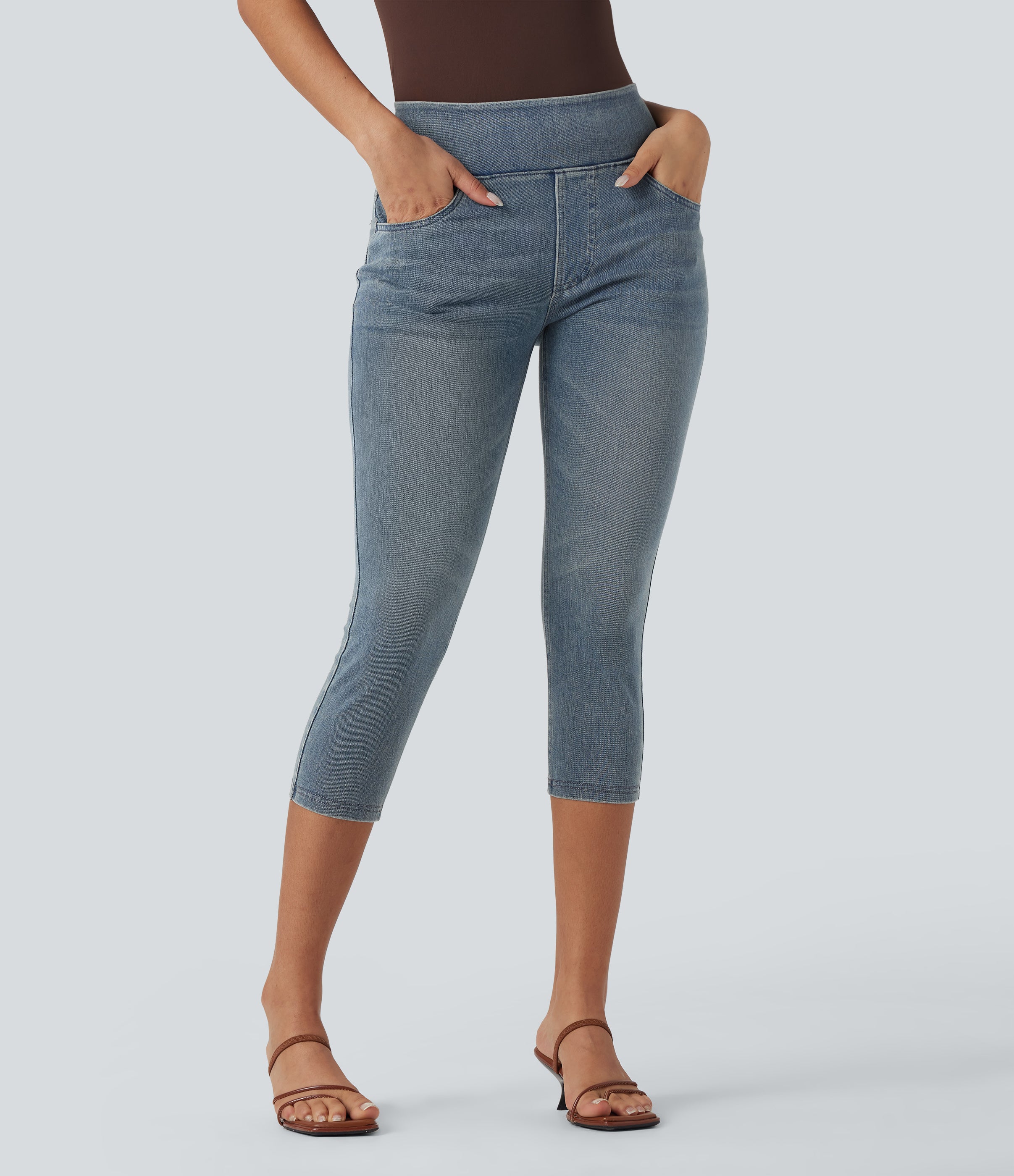 FlexTM High-Waisted Denim Casual Capri Leggings with Pockets