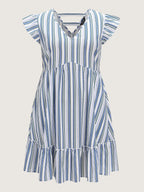Linen Blend Nautical Striped Print Ruffled Mini Dress