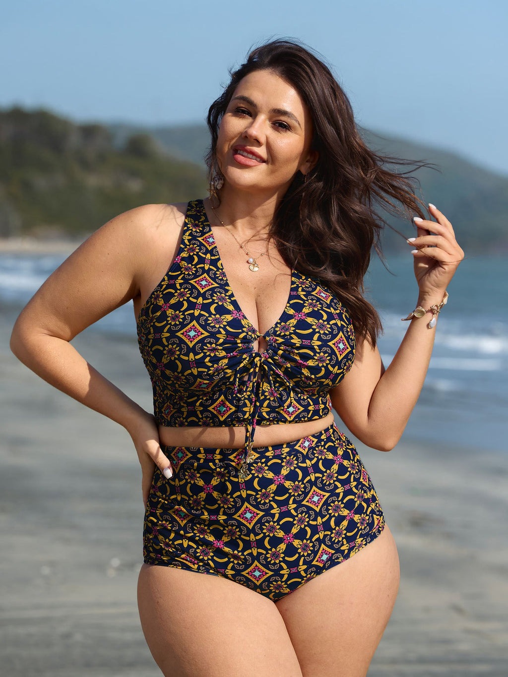 Adjustable Geometric Cut-Out Print Bikini Top