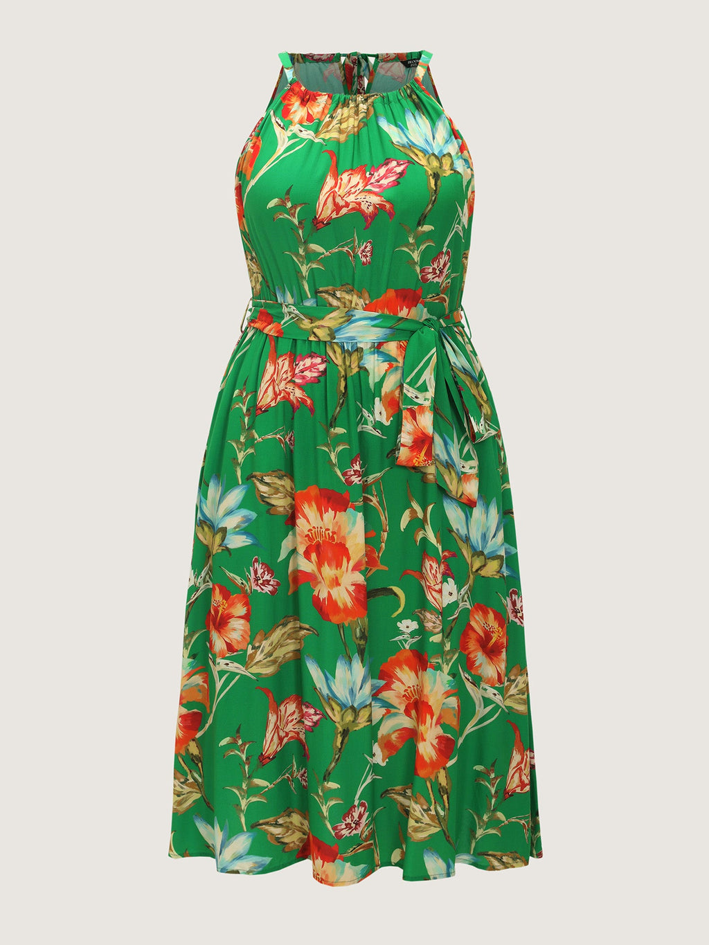 Large Floral Print Halter Neckline Midi Dress