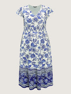 Floral Print Ruffled Sleeve Embroidered Midi Dress