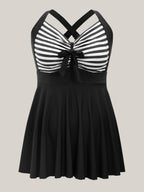 Stripes Patchwork Tie Knot Cross Straps Swim Dress