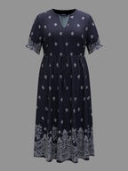 Floral Waist-Tie Notched Collar Midi Dress