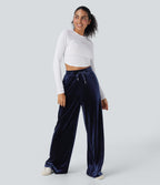 High Waisted Drawstring Wide Leg Velvet Casual Pants with Pockets