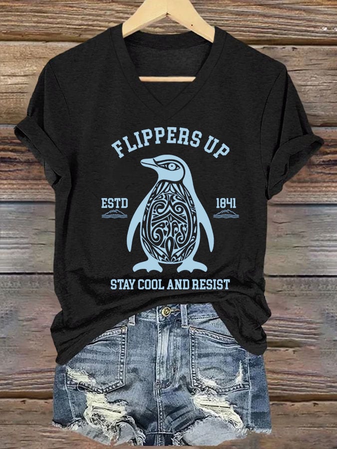 🔥Buy 3 Get 15% Off🔥Women's Penguins Flippers Up Printed V Neck T-shirt