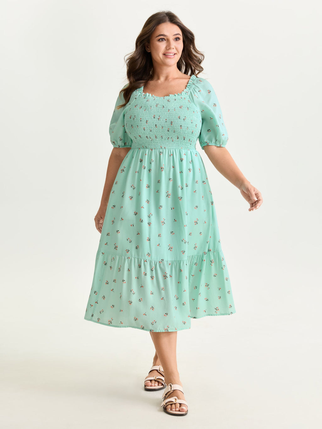 Micro Floral Shirred Bodice Midi Dress