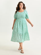Micro Floral Shirred Bodice Midi Dress