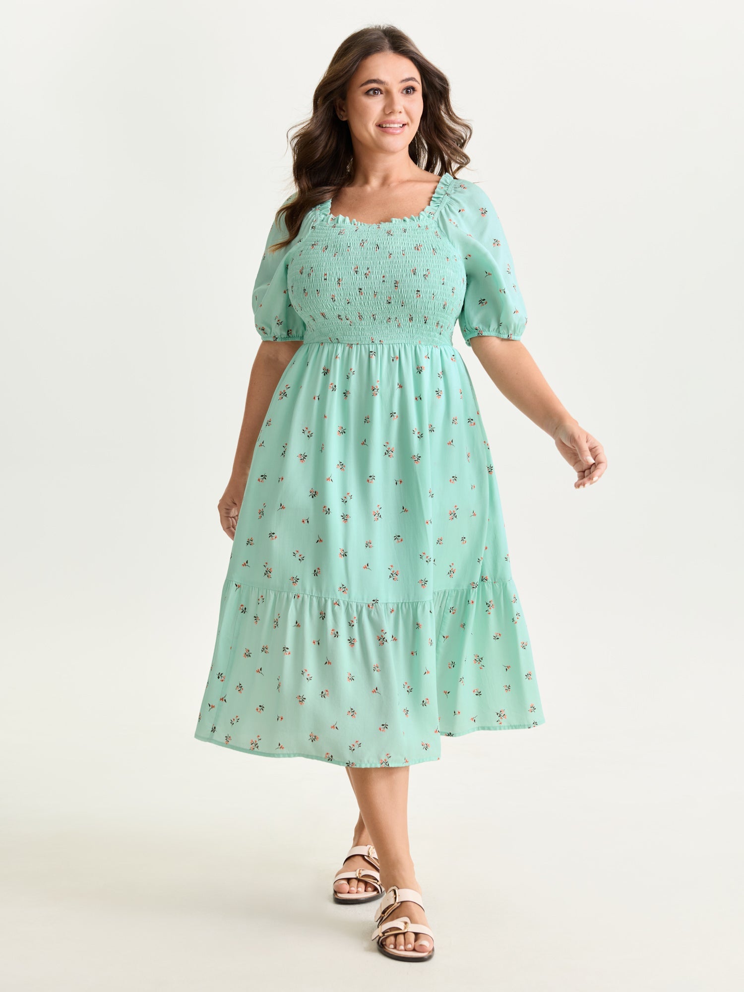 Micro Floral Shirred Bodice Midi Dress