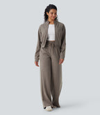 2026🔥 Ribbed SoCinched High Waisted Tummy Control Drawstring Wide Leg Color Block Casual Trousers with Pockets