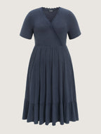 Supersoft Lace Trim Ribbed Wrap Neckline Midi Dress