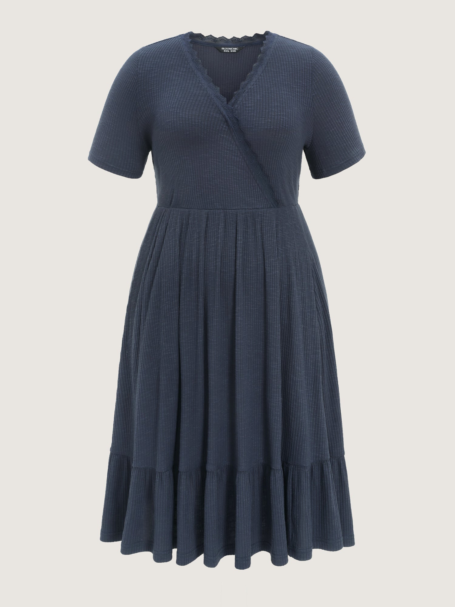 Supersoft Lace Trim Ribbed Wrap Neckline Midi Dress