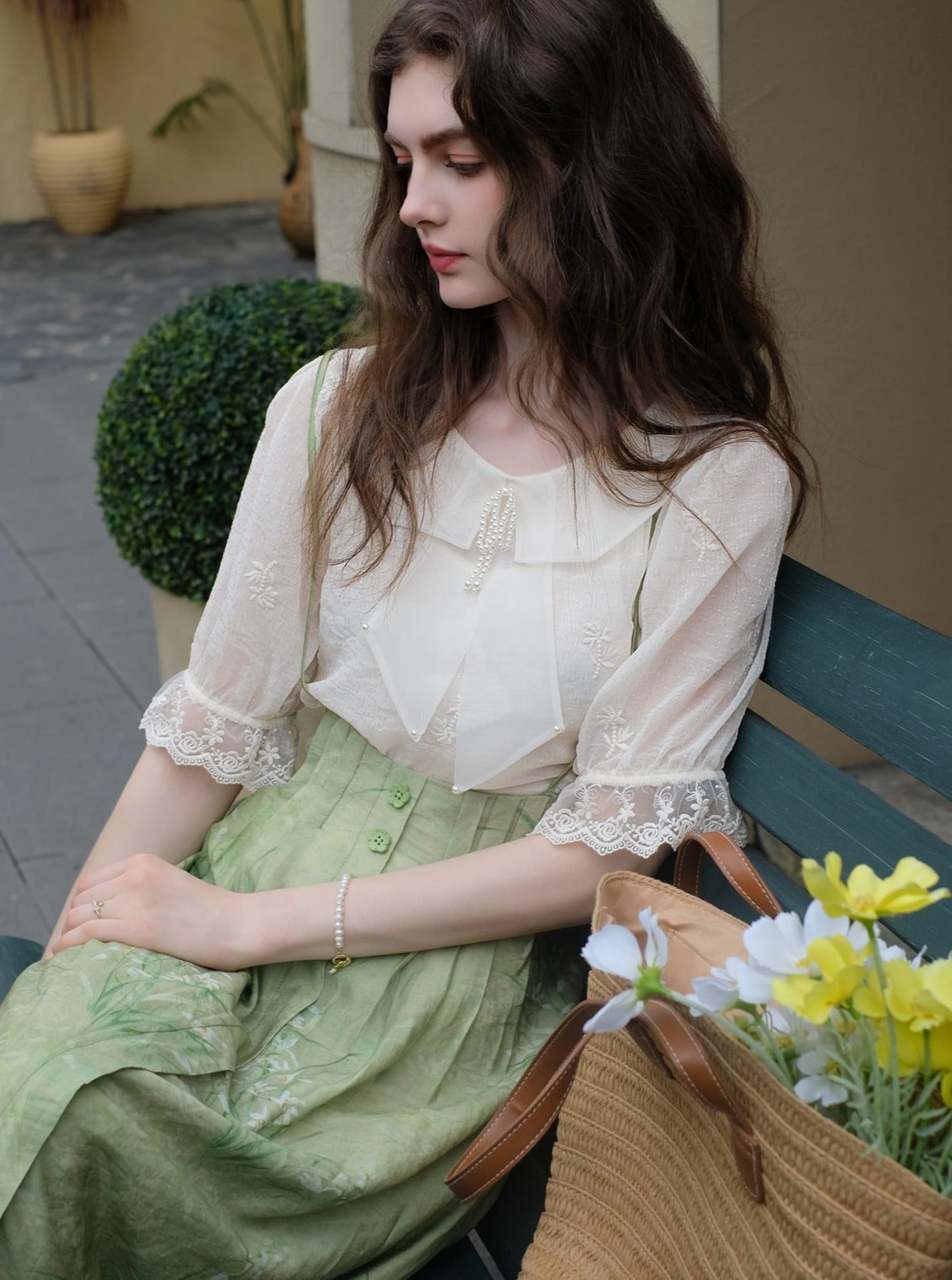 Embroidered Chiffon Shirt + High Waist Pinafore Skirt