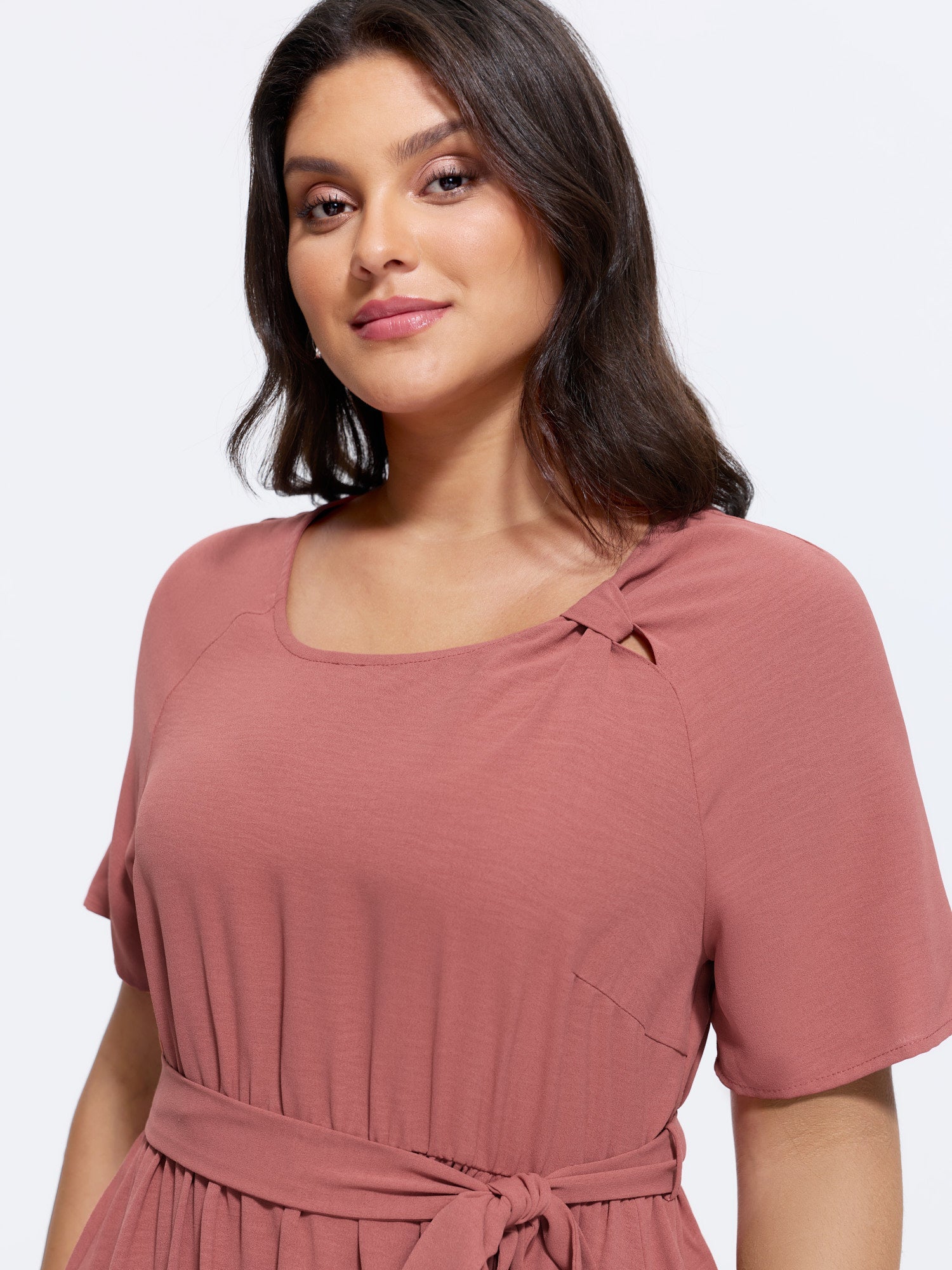 Knotted Shoulder Detail Waist-Tie Midi Dress