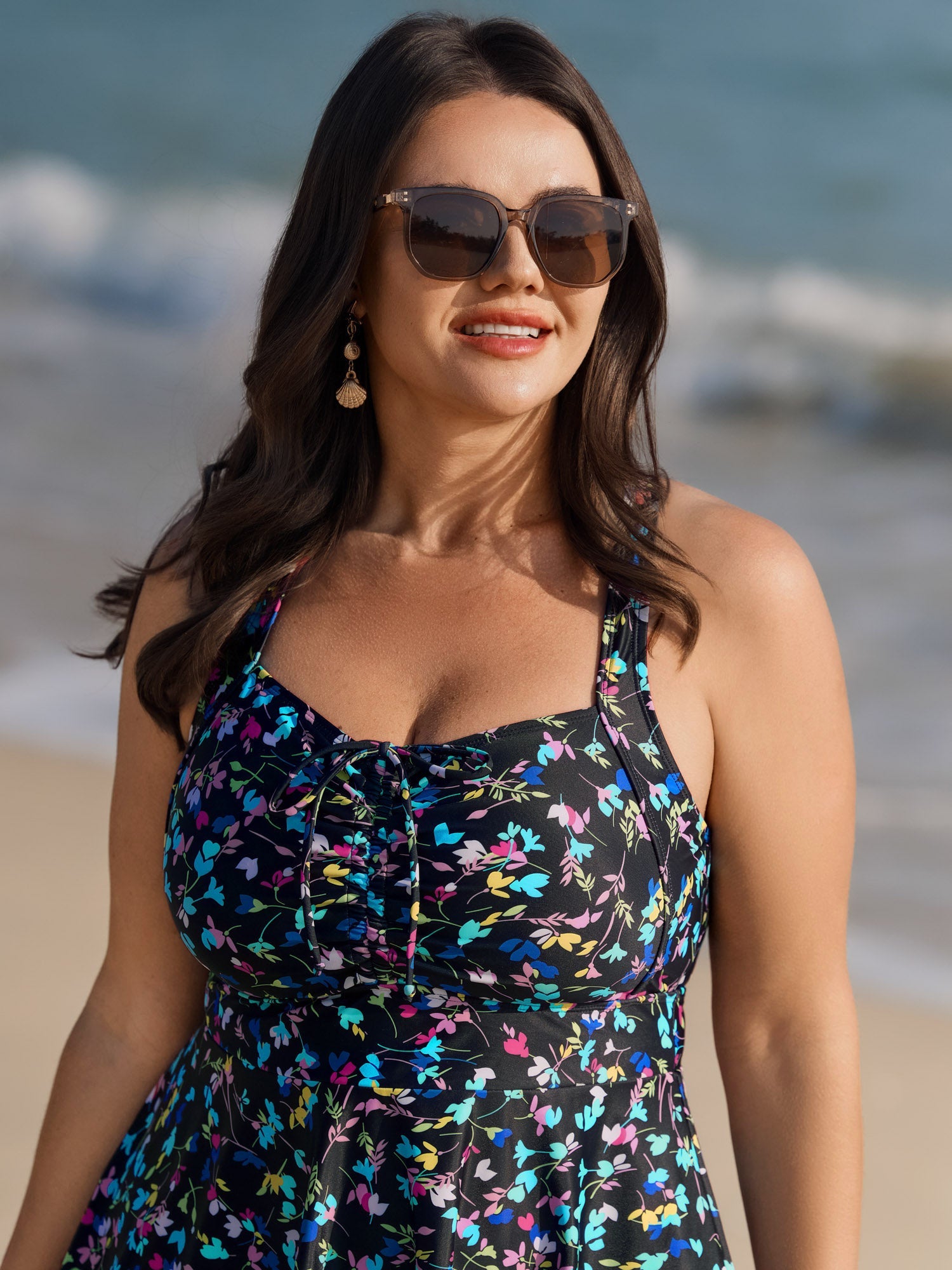 Colorful Floral Print Drawstring Swim Dress