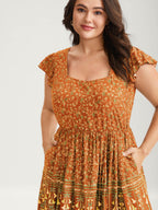 Rayon Garden Fresh Ruffled Sleeve Midi Dress