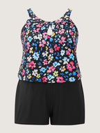 Floral Print Keyhole Pockets Swim Romper