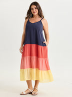 Colorblock Tiered Pockets Cami Midi Dress