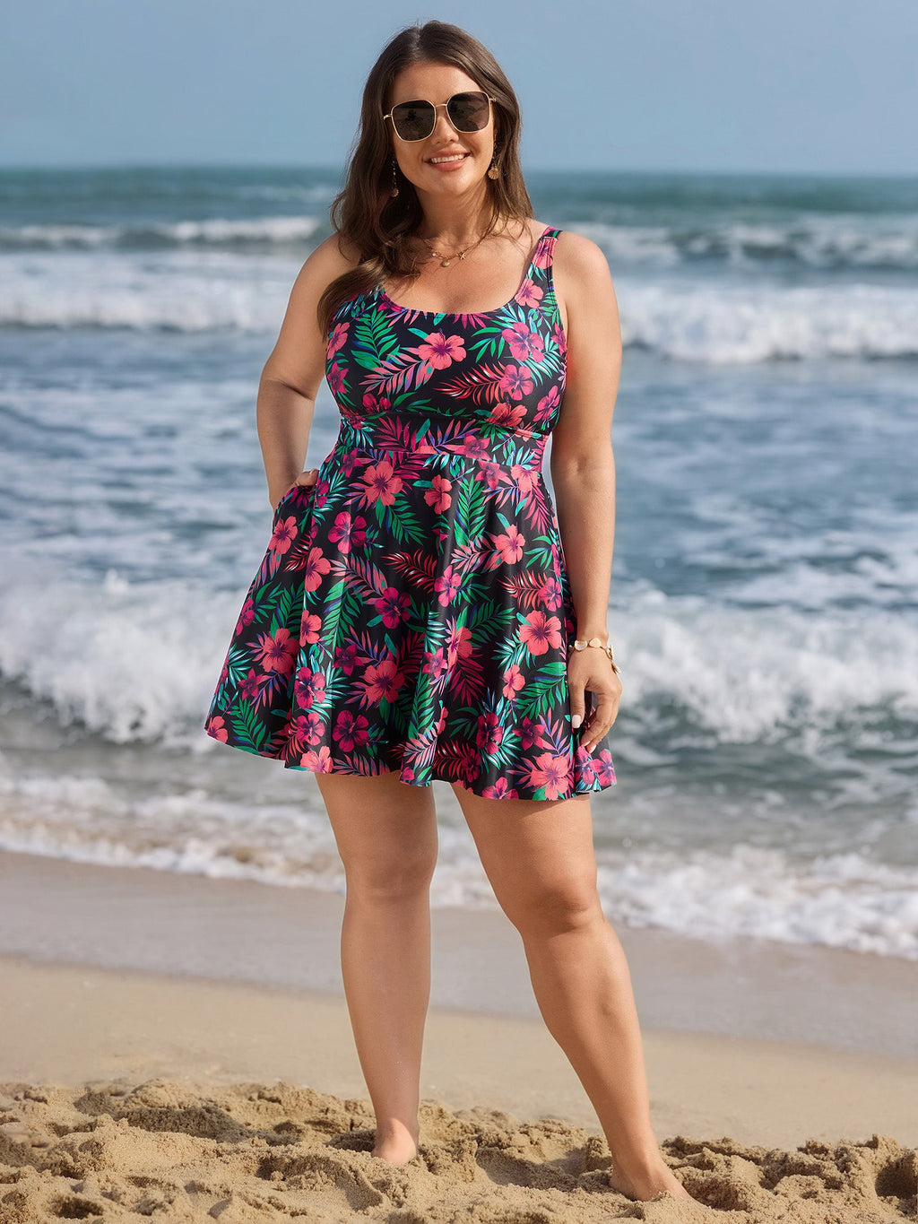 Vibrant Tropical Floral Print Pockets Swim Dress