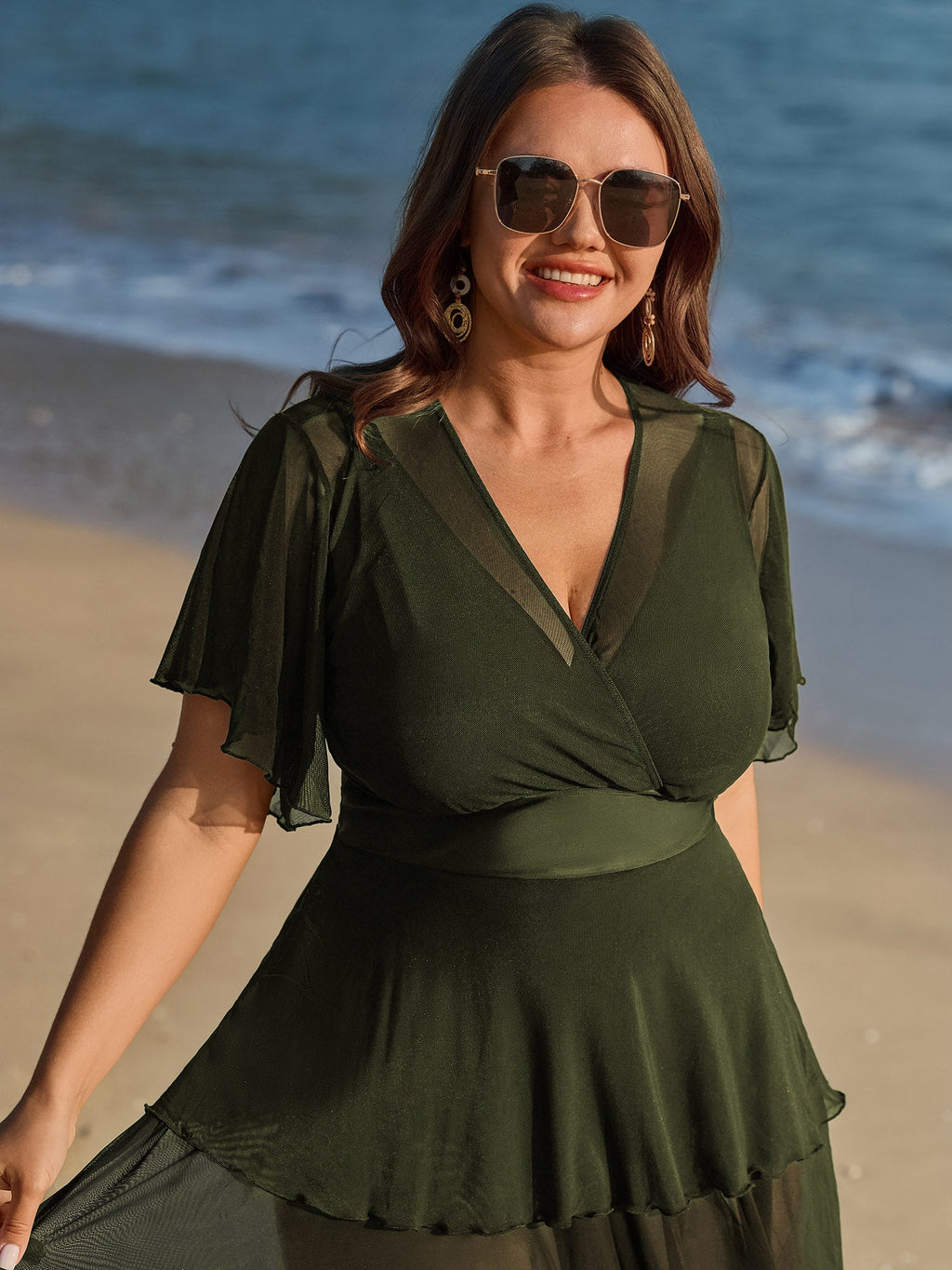 Sheer Ruffled Sleeve Layered Swim Dress