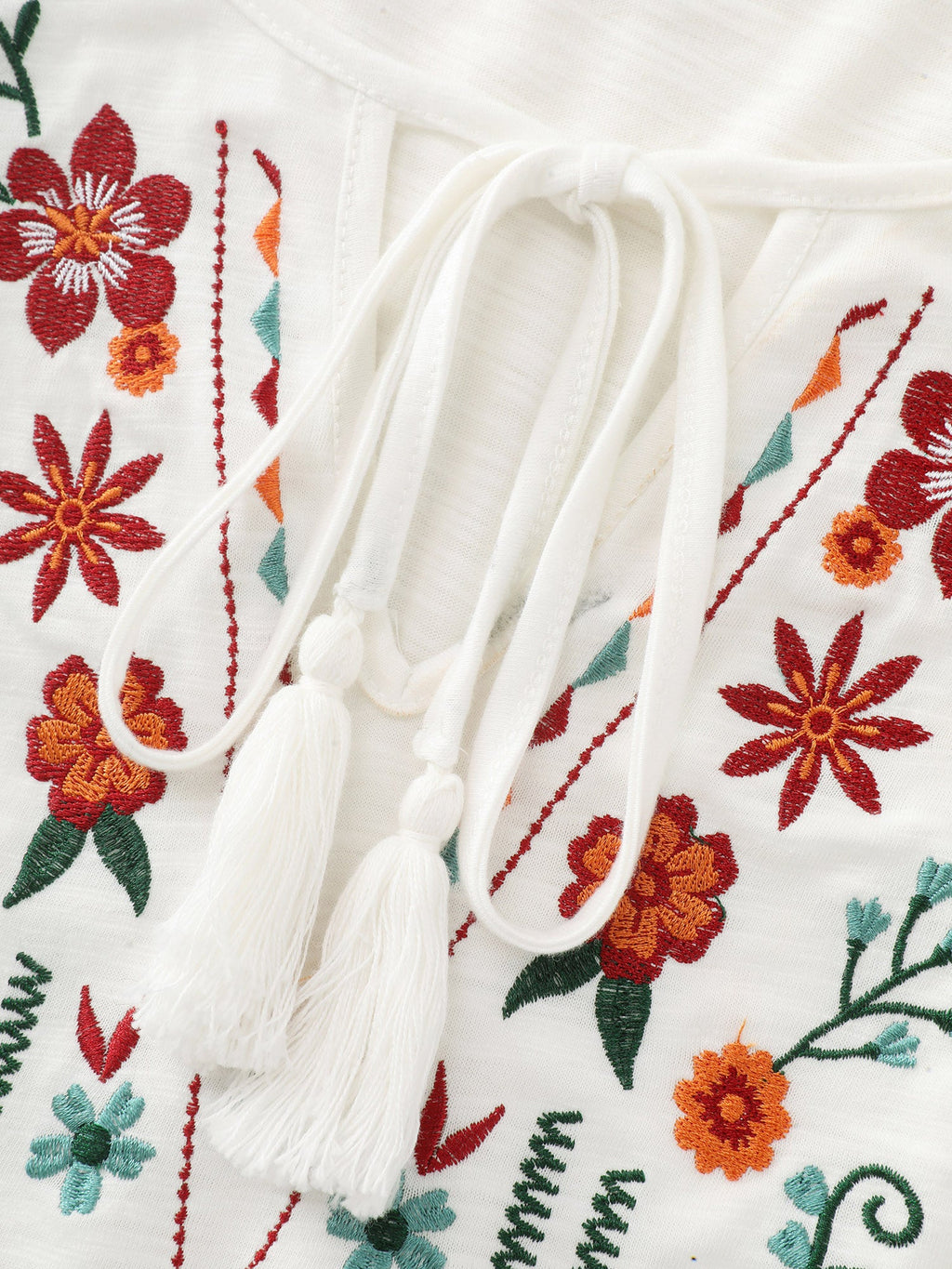 Supersoft Floral Embroidered Tassels T-Shirt