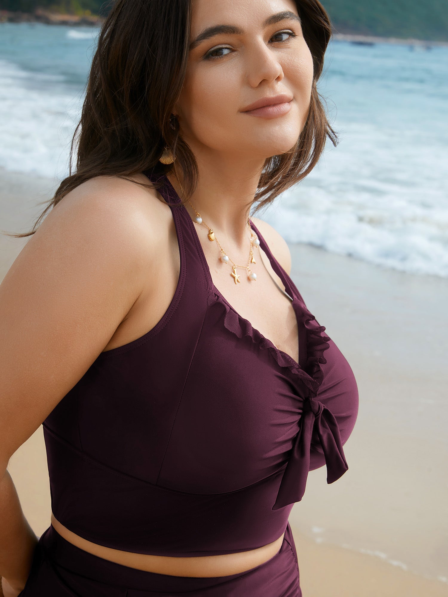 Bust Knot-Tie Ruffle Trim Supportive Bikini Top