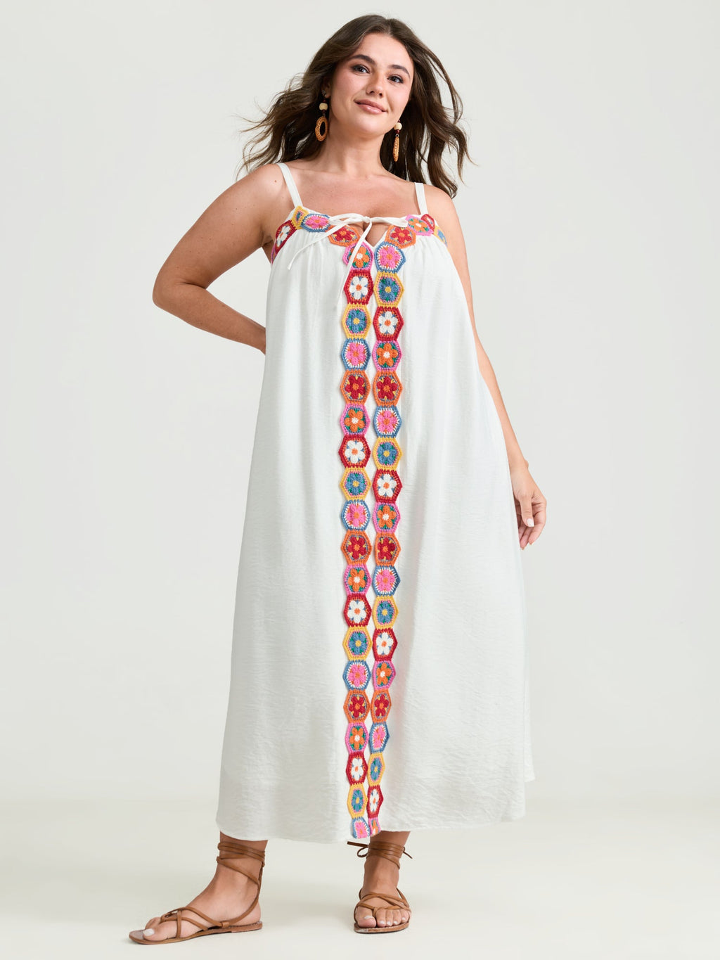 Colorful Floral Crochet Front Cami Midi Dress