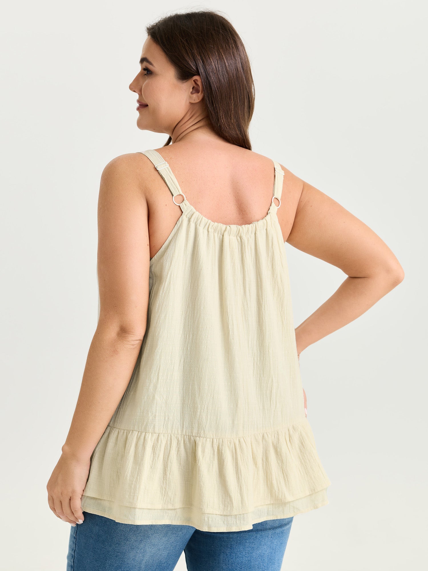 Cotton Linen Ruffled Hem Pleated Neckline Tank Top