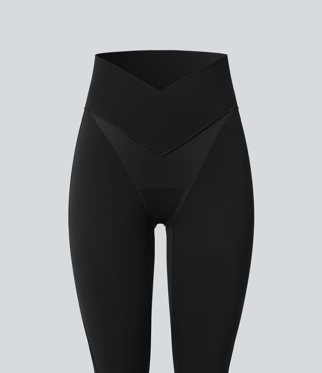 SoftlyZeroTM High Waisted Crossover Contrast Lace Built-in Underwear Yoga Leggings with Pocket-UPF50+